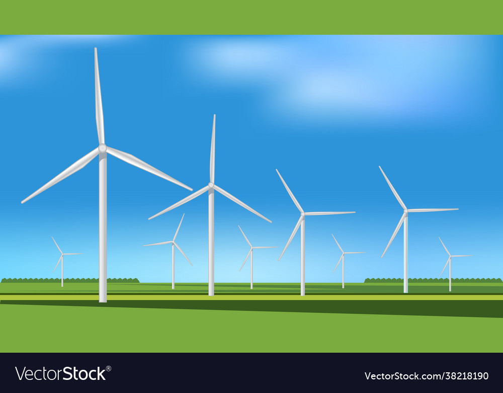 Green meadow with wind turbines generating Vector Image