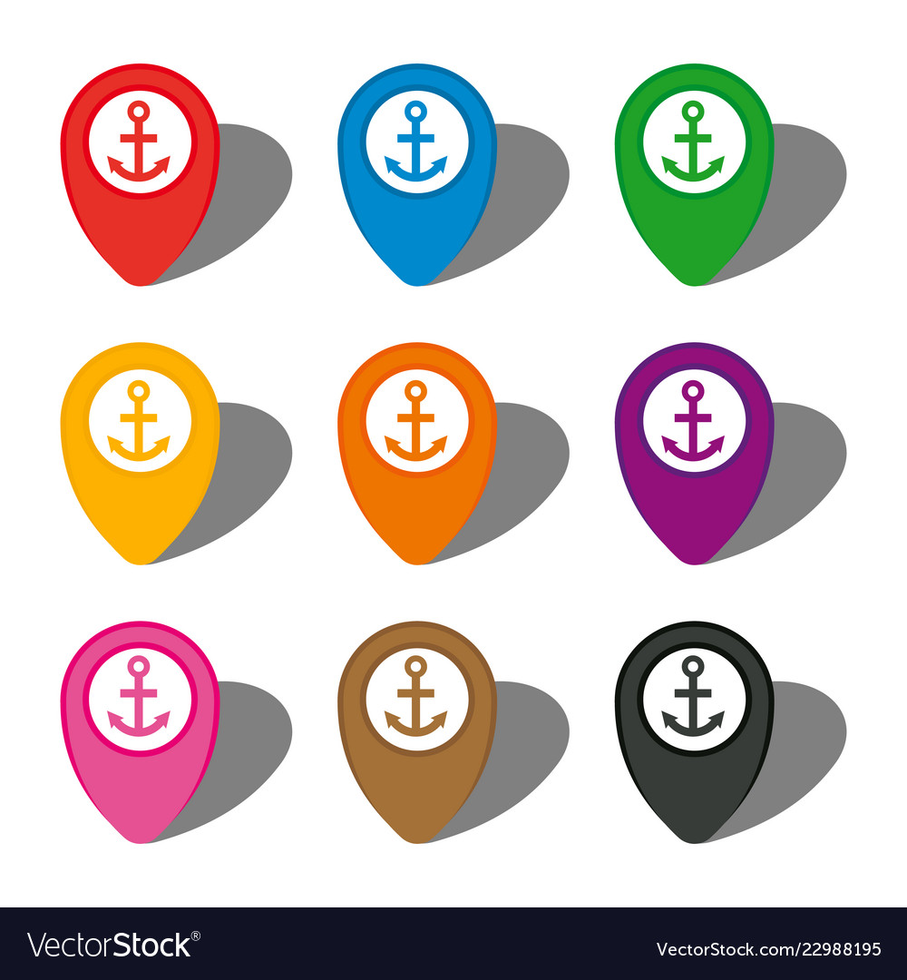 Set of nine colorful map pointers with anchor sign vector image Set of nine colorful map pointers with anchor sign