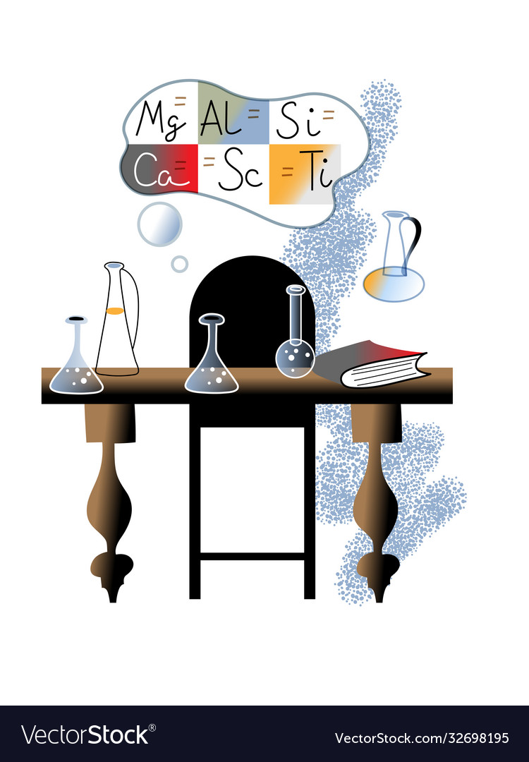 Table with lab flask chemical element in bubble vector image Table with lab flask chemical element in bubble