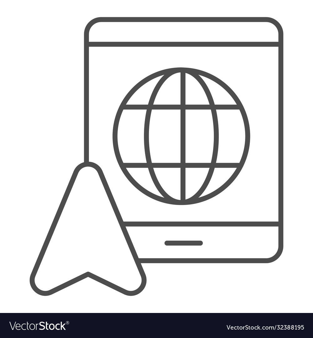 Tablet with globe and navigation pointer thin line vector image Tablet with globe and navigation pointer thin line