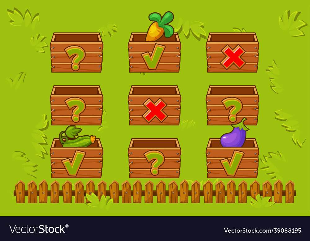 Wooden boxes on fenced field with icons for game vector image Wooden boxes on fenced field with icons for game