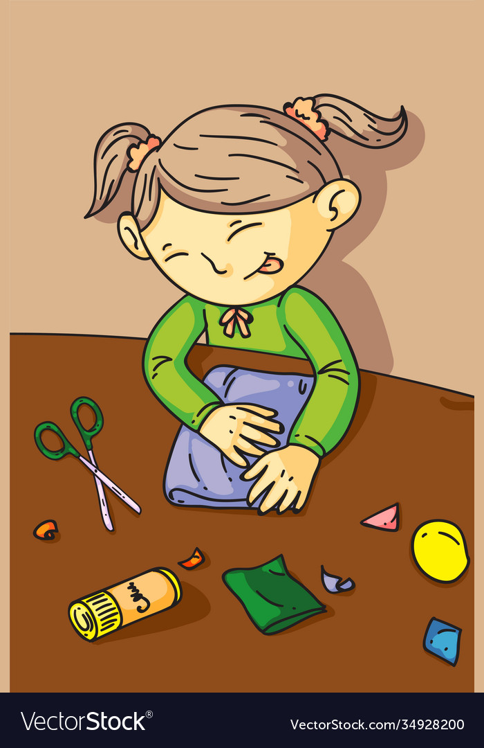 Cute girl cut paper craft creating picture vector image Cute girl cut paper craft creating picture