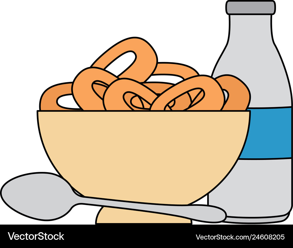 Cereal dish with spoon and milk bottle Royalty Free Vector