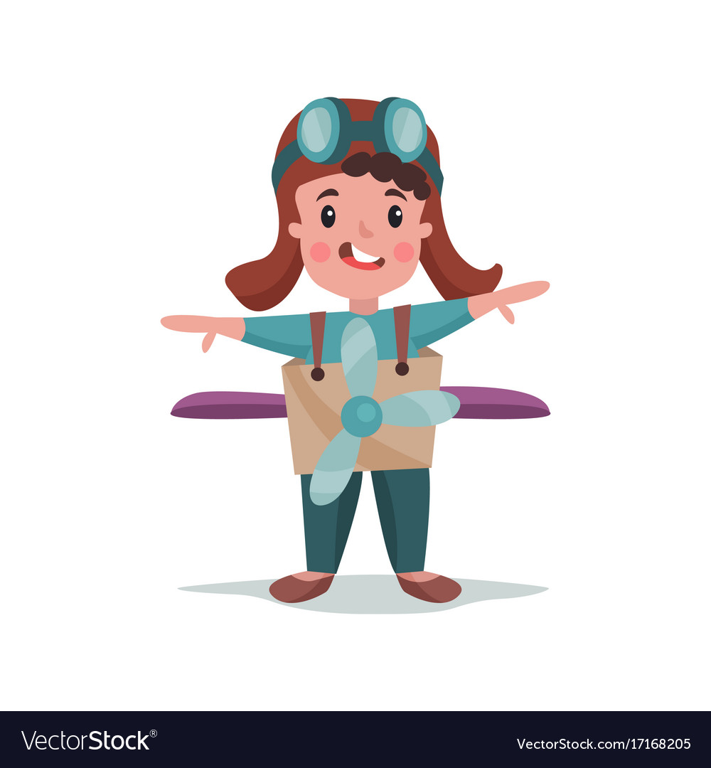 Cute happy little boy in pilot costume playing