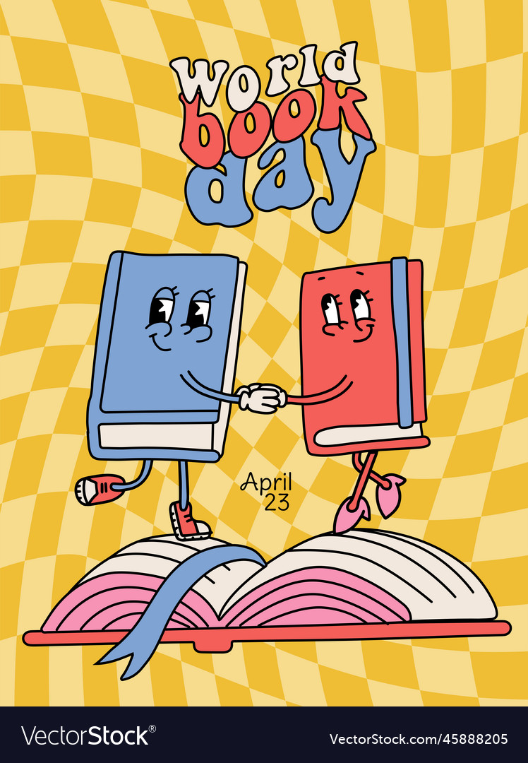 Groovy retro cartoon book characters holding hands