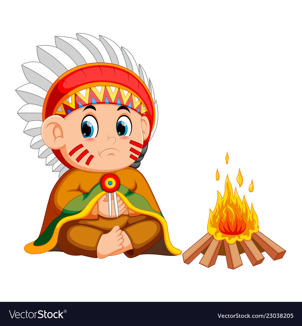 Male north american indian sitting before a fire Vector Image