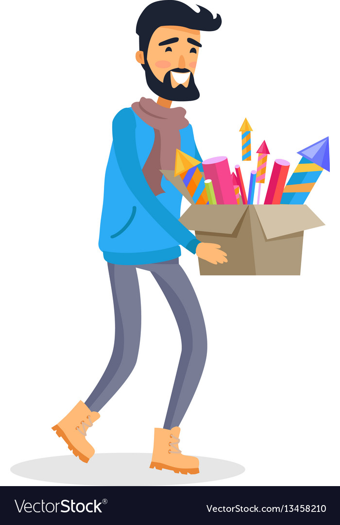 Man in sportswear carries carton box of fireworks vector image Man in sportswear carries carton box of fireworks