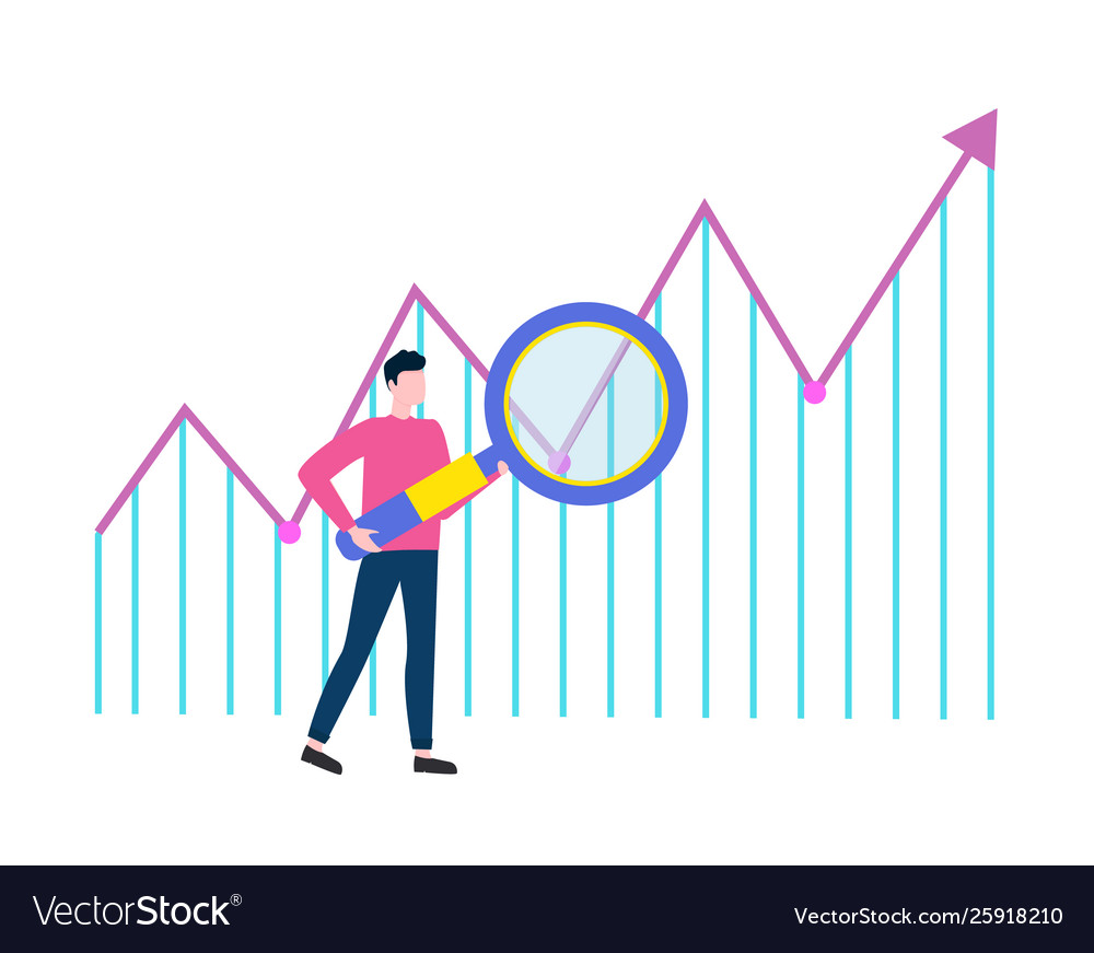 Man searching with loupe rising arrow vector image Man searching with loupe rising arrow