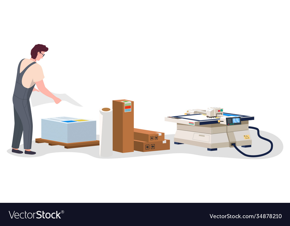Man working in typography at print to printer vector image Man working in typography at print to printer