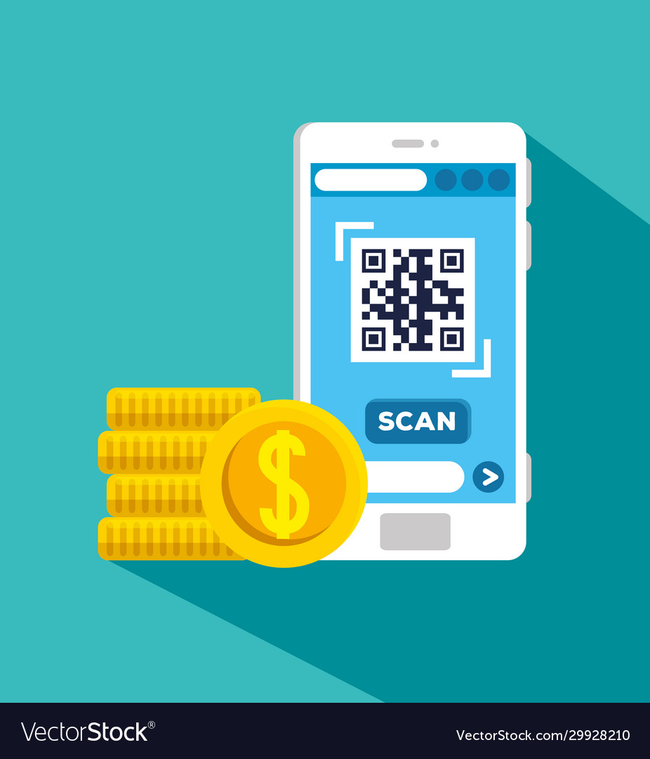 Scan qr code with smartphone and pile coins
