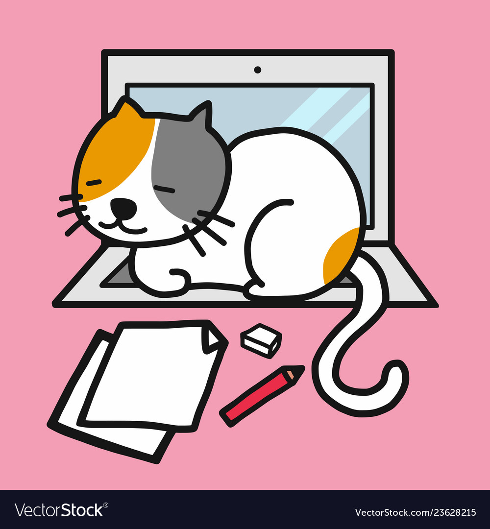 Cute Cat Working On Laptop With Coffee Cup Cartoon Vector Icon