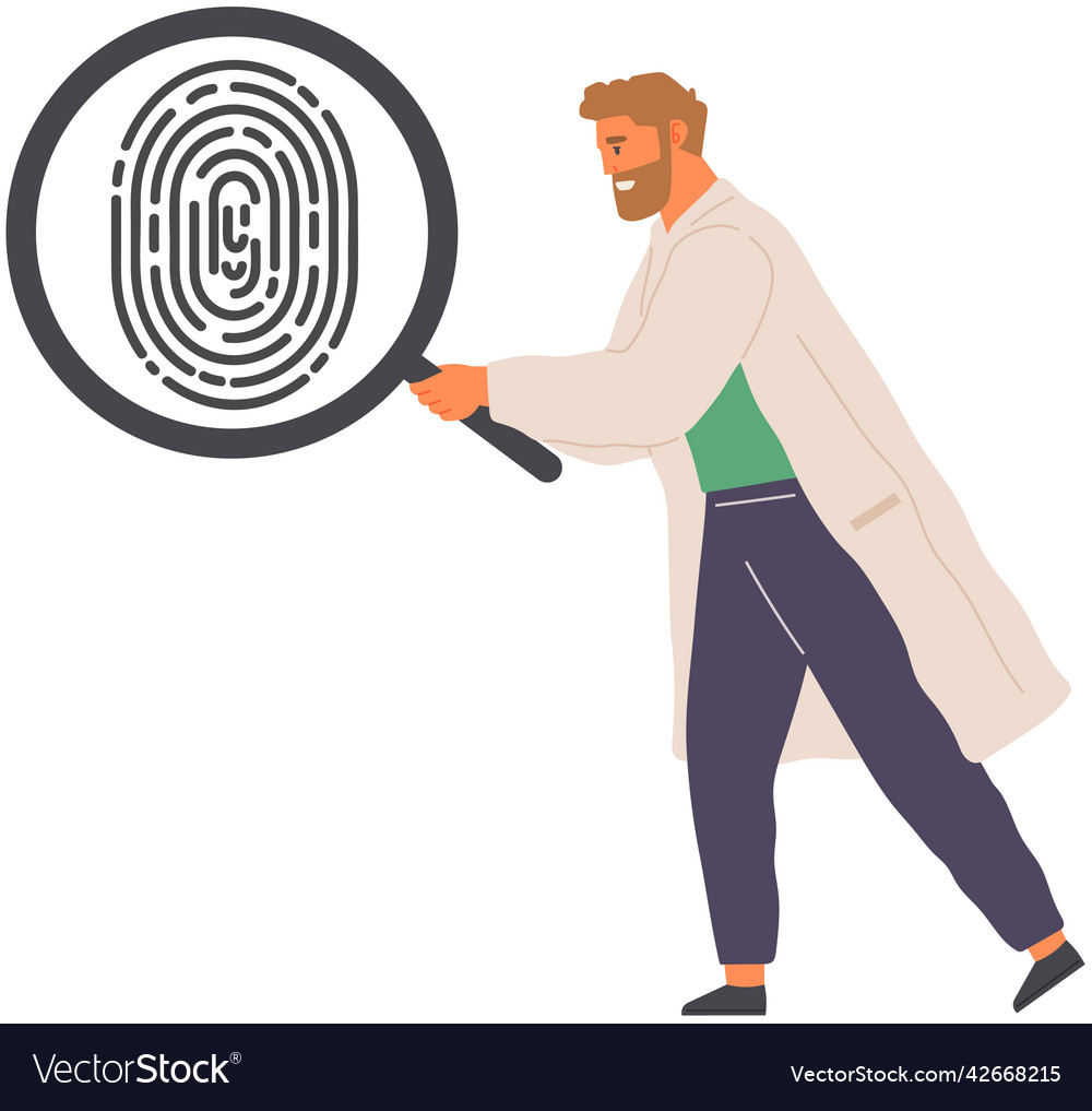 Man looking at inger print with search loupe vector image Man looking at inger print with search loupe