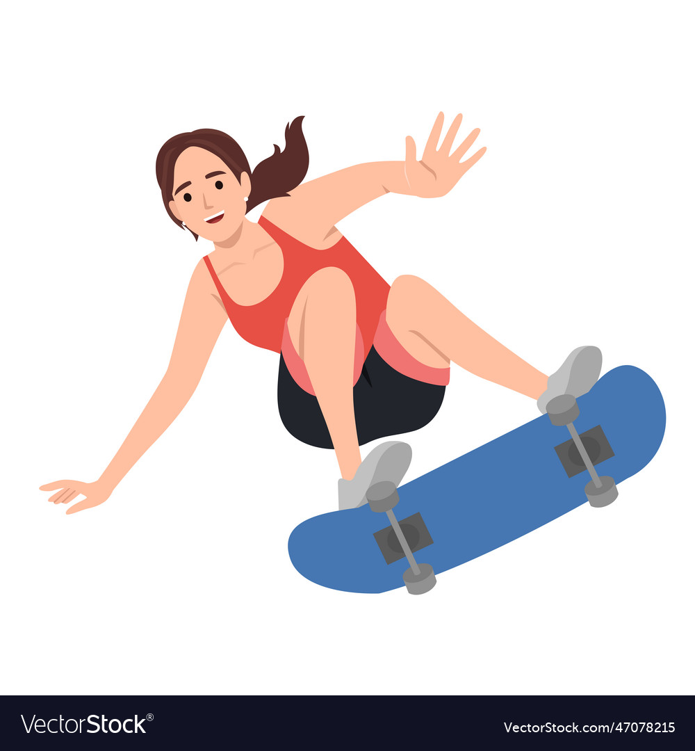 Young smiling woman riding on skate board flat Vector Image Young smiling woman riding on skate board flat