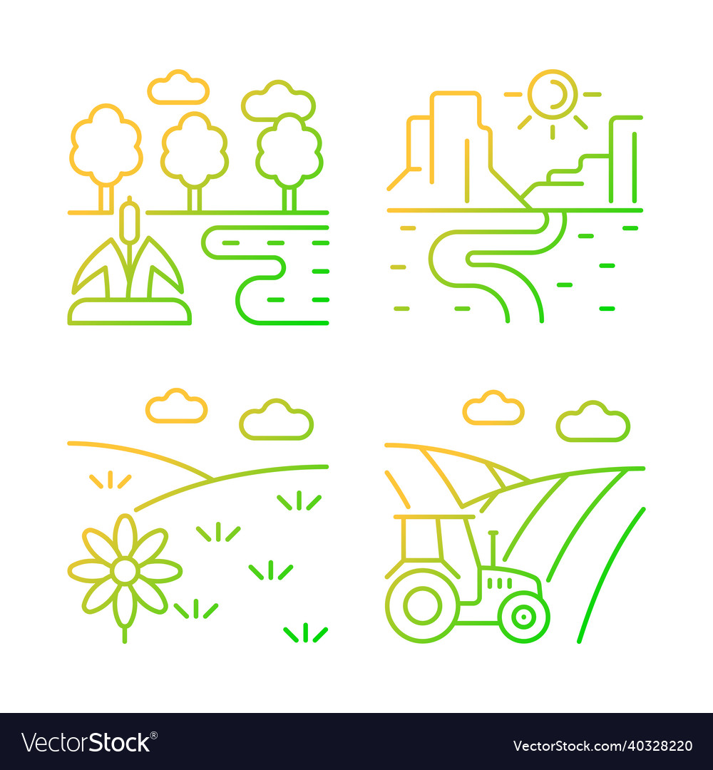 Diverse land types gradient linear icons set vector image Diverse land types gradient linear icons set