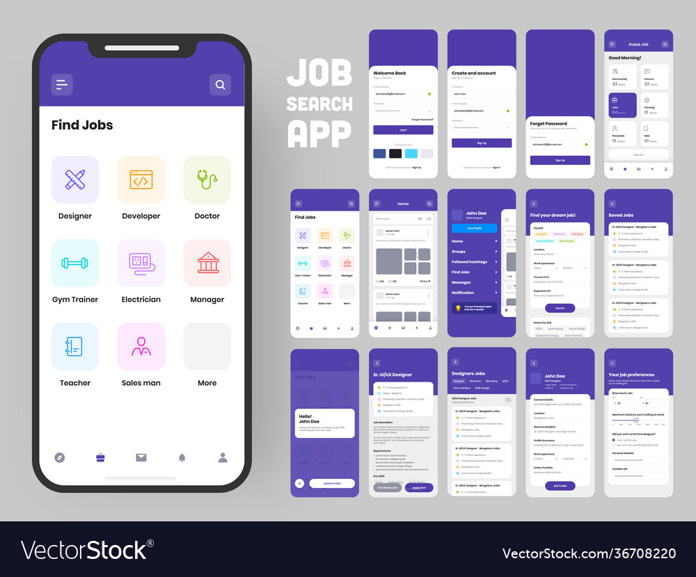 Job search app ui kit for responsive web template vector image Job search app ui kit for responsive web template