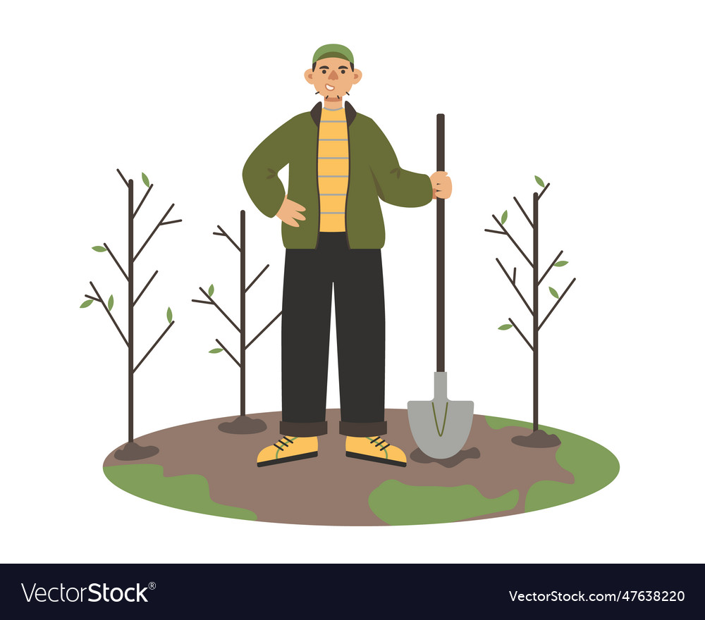 Man standing with shovel planting trees helping