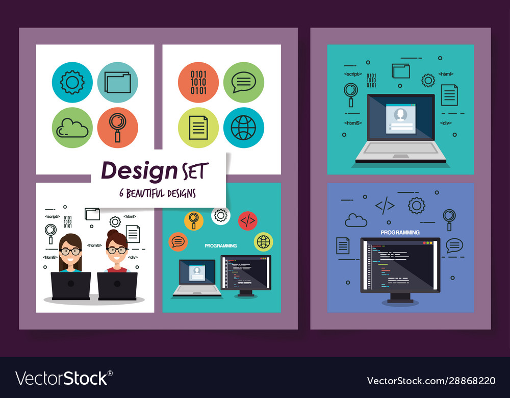 Six designs set programming computer with young Vector Image