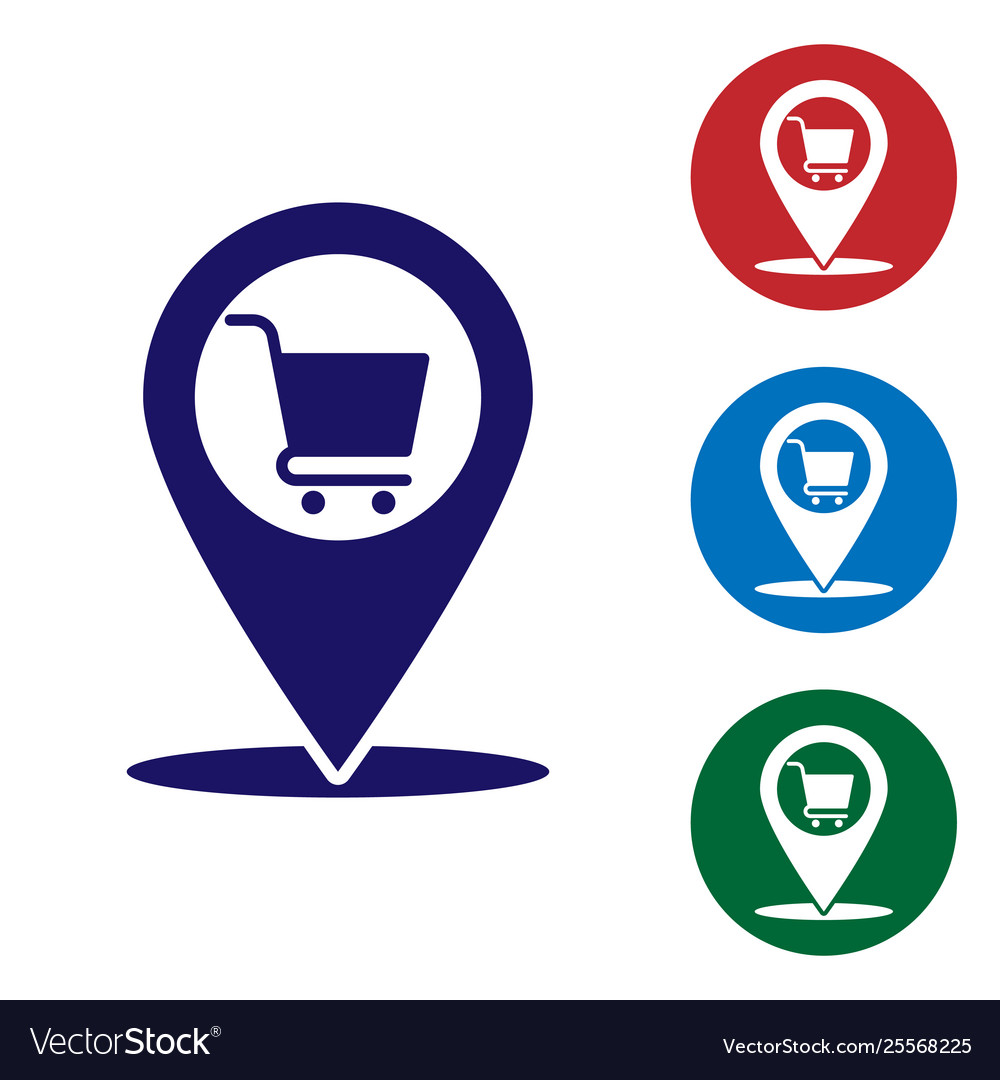 Blue map pointer with shopping cart icon isolated