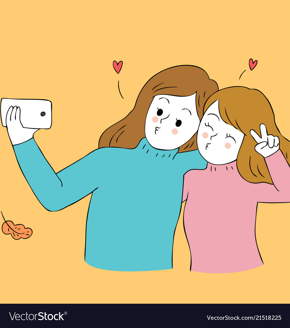 Cartoon cute autumn best friends selfie Royalty Free Vector