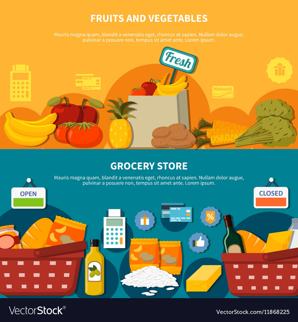 Fruits Vegetables Grocery Supermarket Banners Vector Image