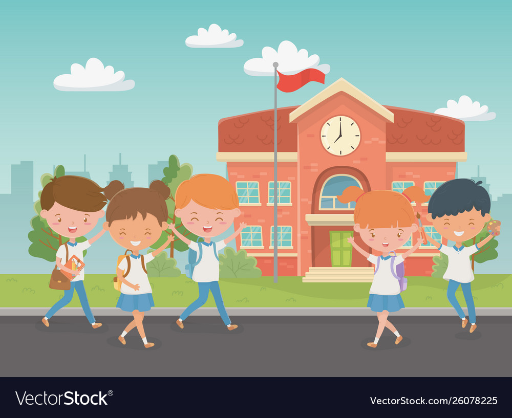 School building with kids in landscape scene Vector Image