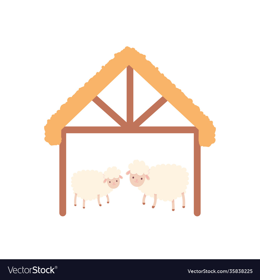 Wooden stable with sheeps flat style