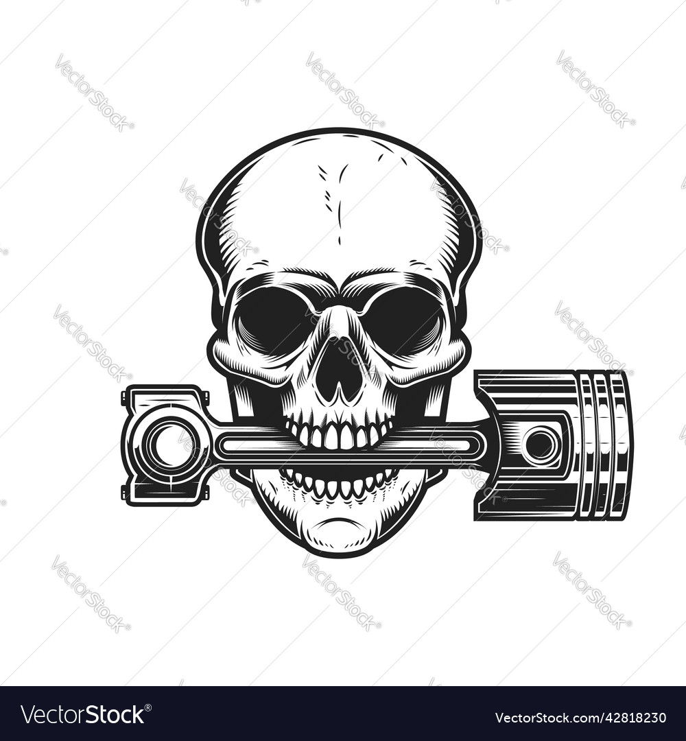 Biker Skull With Piston In Teeth Design Element Vector Image