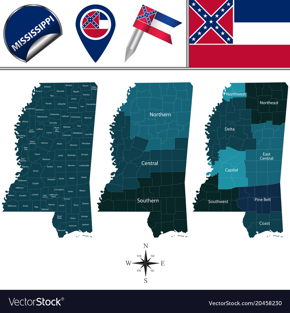 Map of mississippi with regions Royalty Free Vector Image