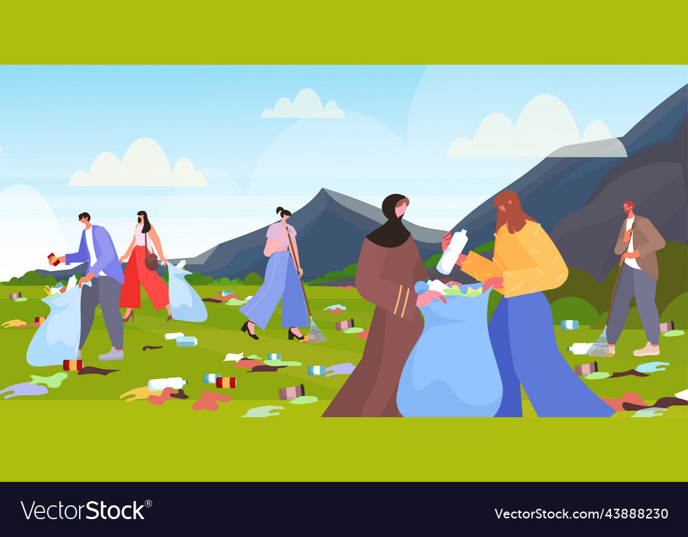 People collecting trash into bags clean up garbage