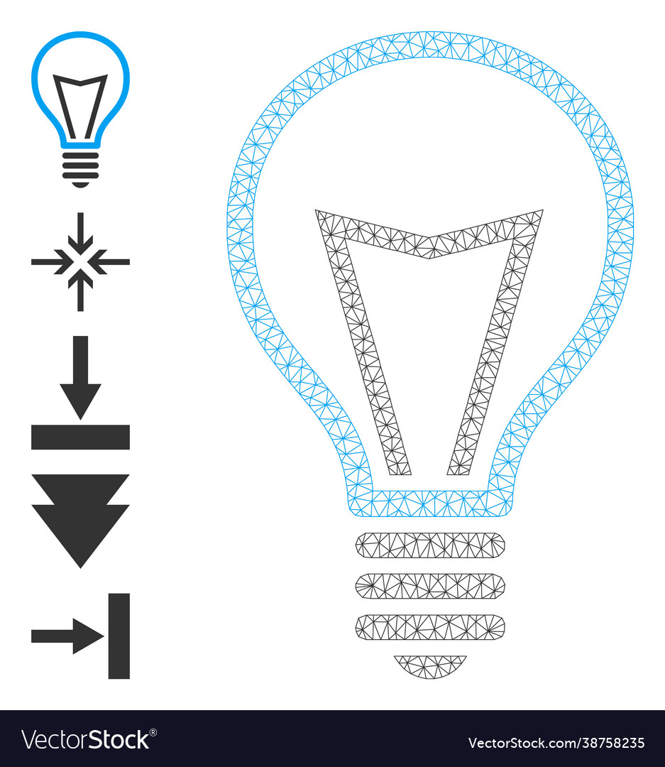 Polygonal net lamp bulb icon with simple symbols vector image Polygonal net lamp bulb icon with simple symbols