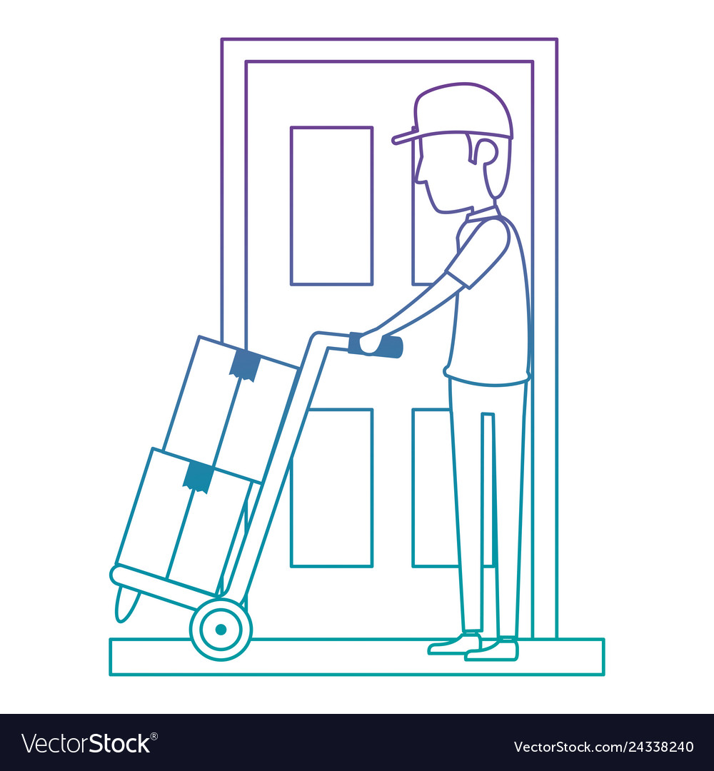 Delivery worker with cart and door