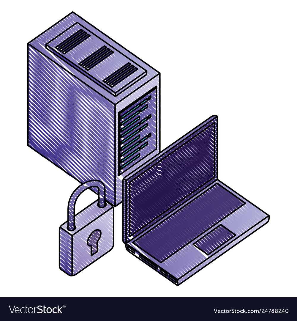 Laptop computer with padlock and server data vector image Laptop computer with padlock and server data