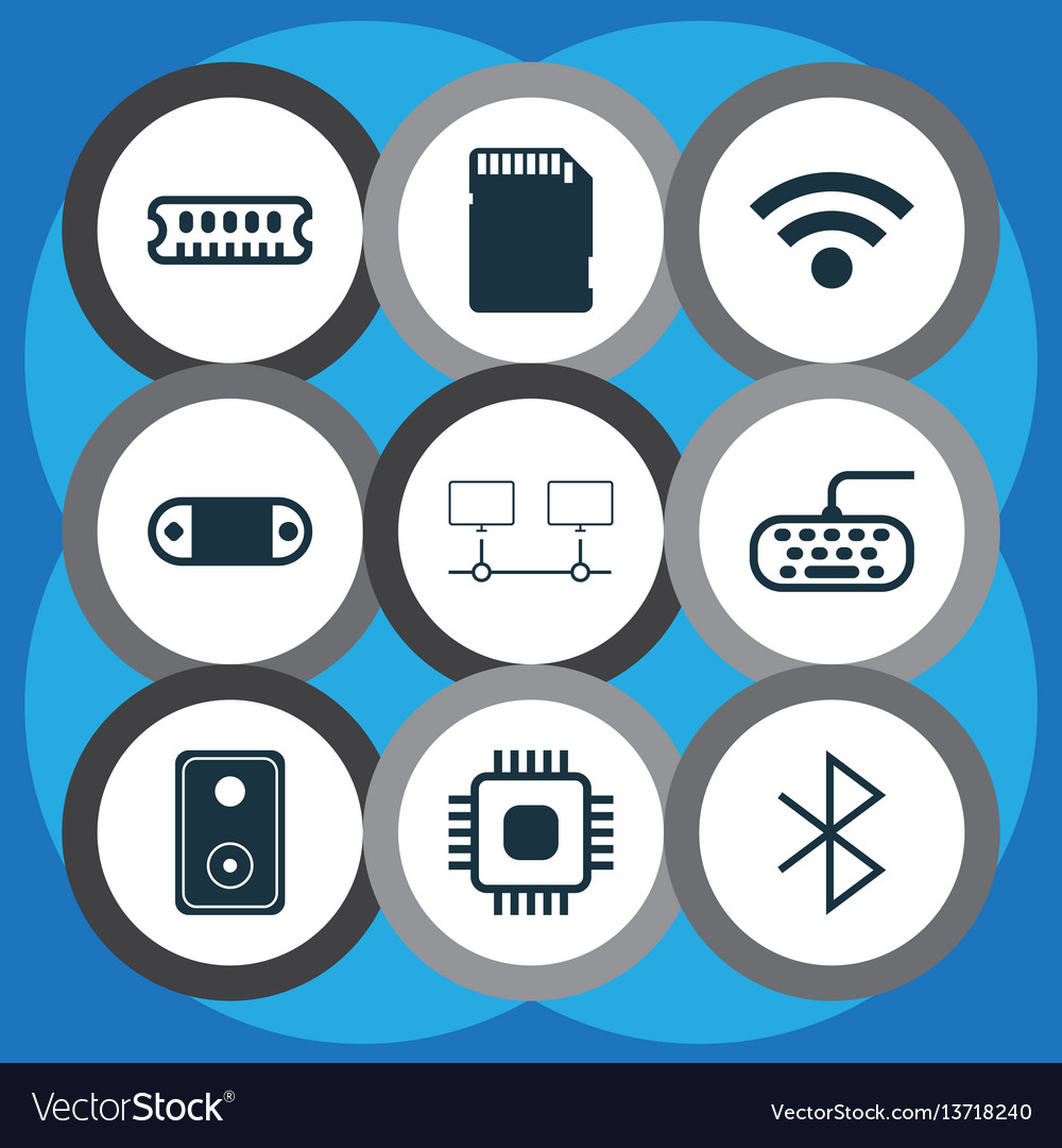 Set of 9 computer hardware icons includes memory vector image Set of 9 computer hardware icons includes memory