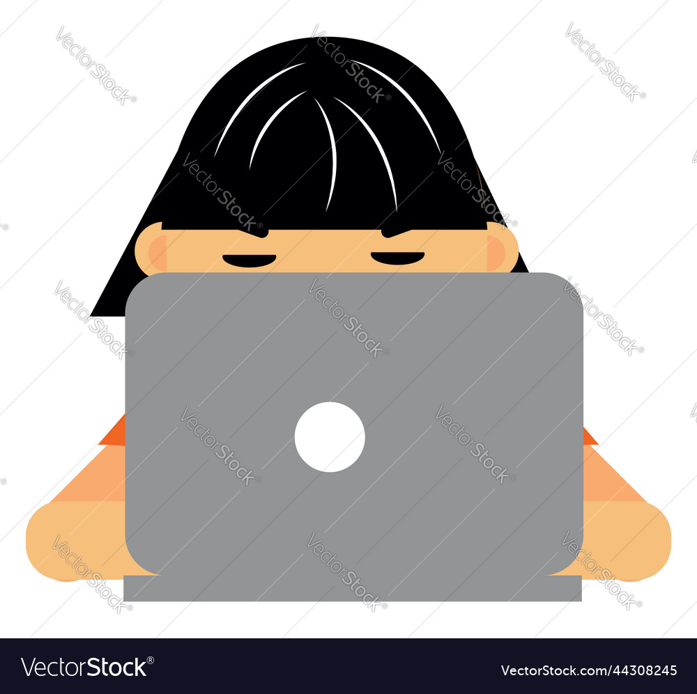 Black haired girl with grey laptop on a white