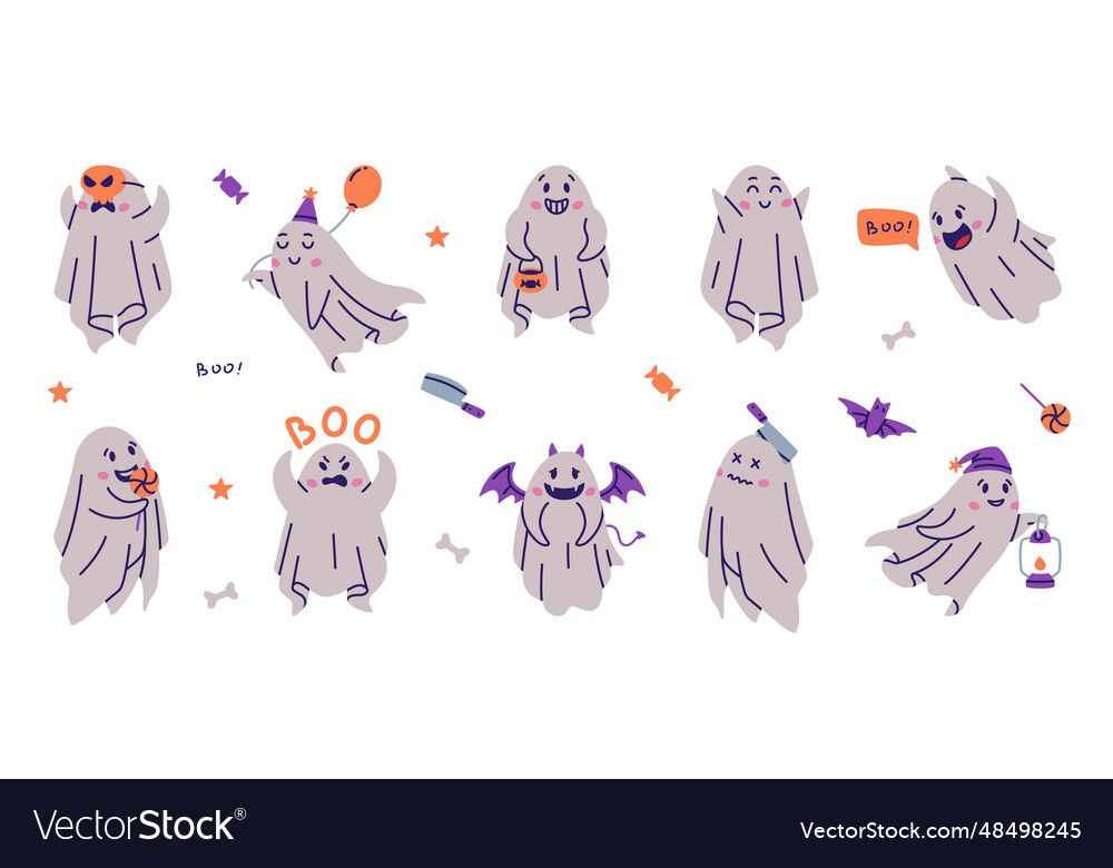 Cute ghost spooky character and flying spirit