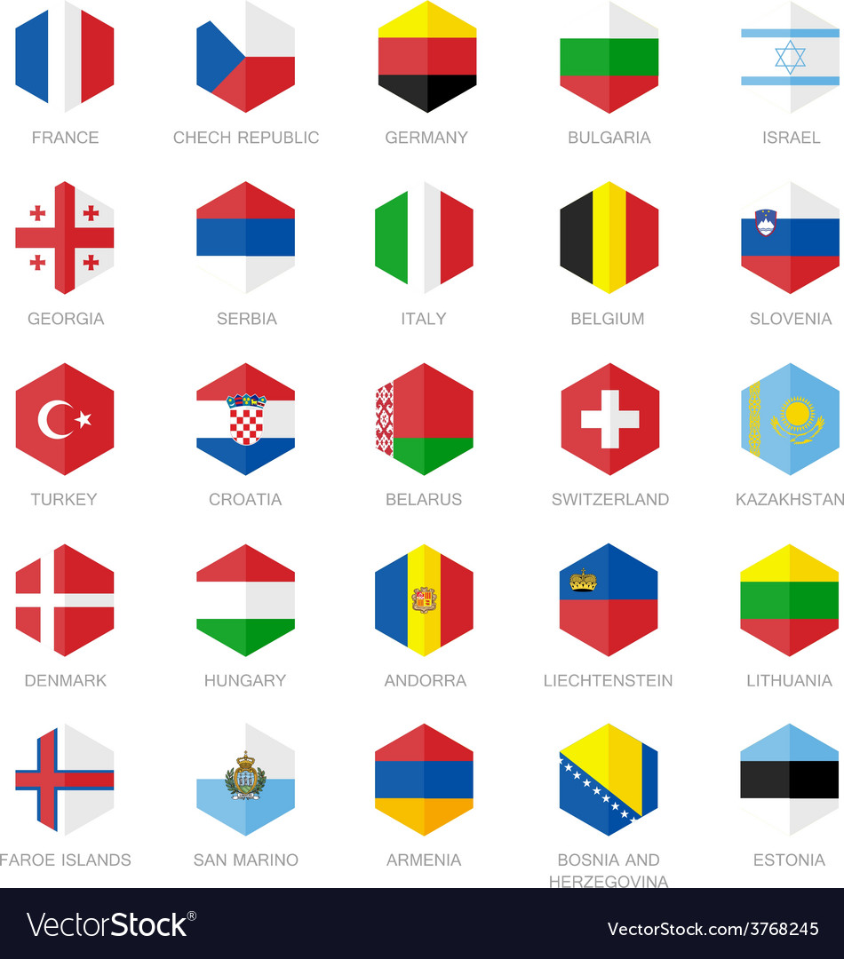 Europe flag icons hexagon flat design Royalty Free Vector