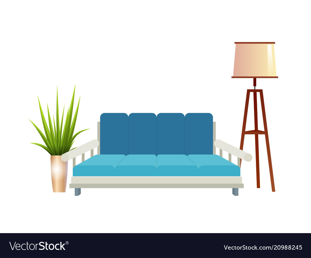 Realistic Red Sofa With Floor Lamp And Flowerpot Vector Image