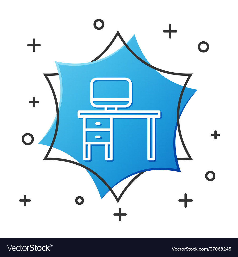 White line computer monitor and desk icon isolated vector image White line computer monitor and desk icon isolated