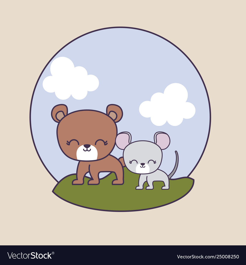 Cute bear with mouse in landscape