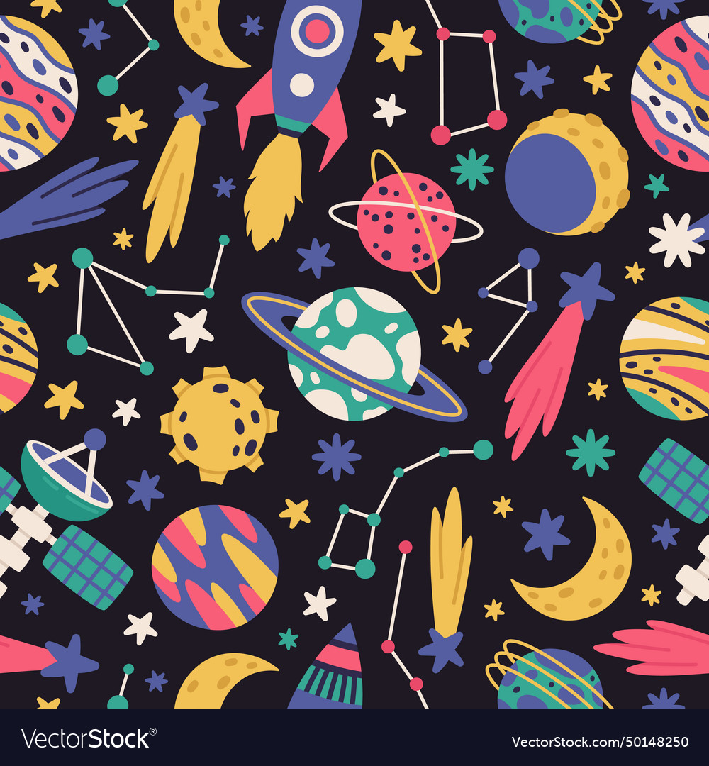 Hand drawn space seamless pattern spaceship