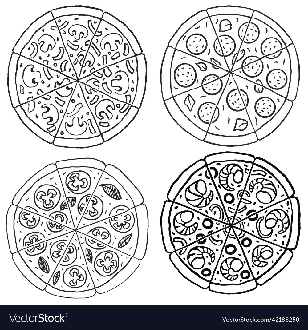 Set of different pizza slices hand drawn simple Vector Image Set of different pizza slices hand drawn simple