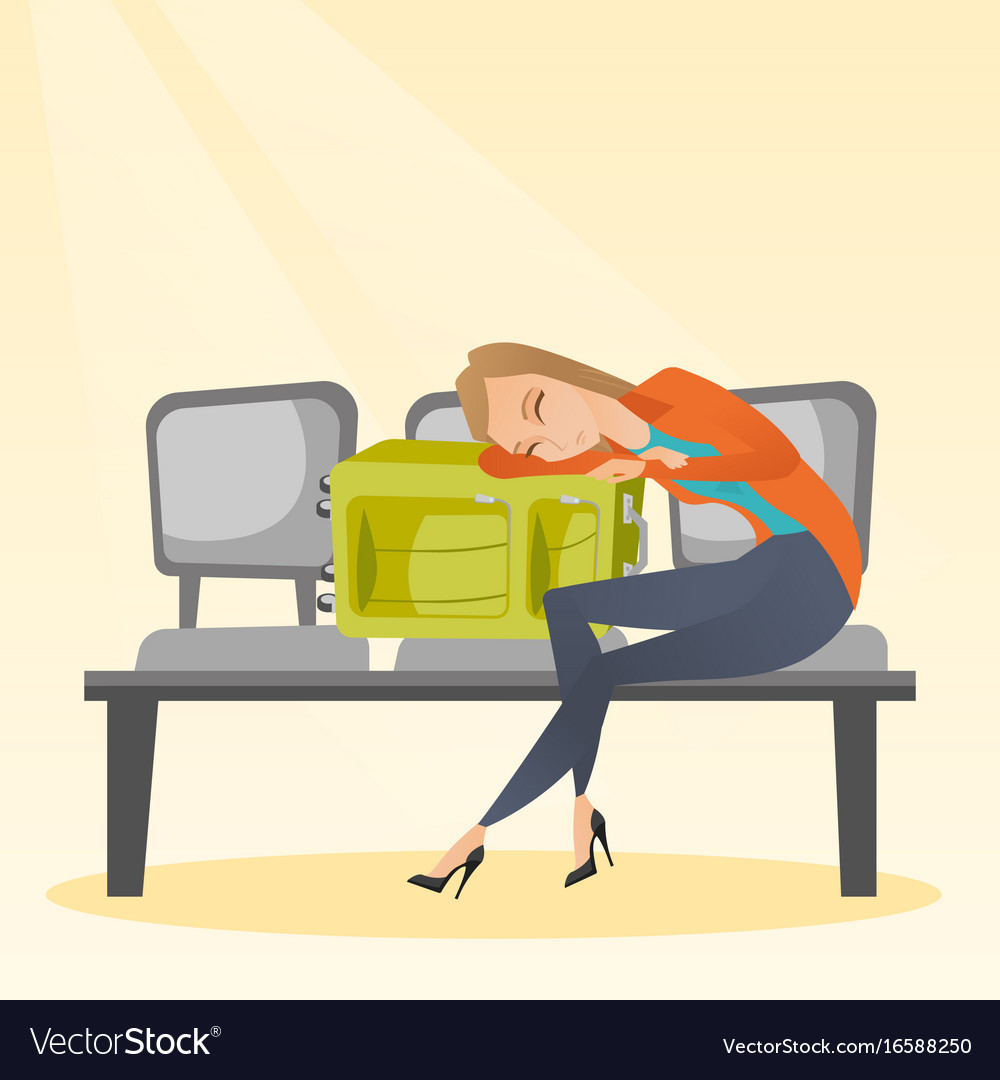 Tired Woman Sleeping On Suitcase At The Airport Vector Image