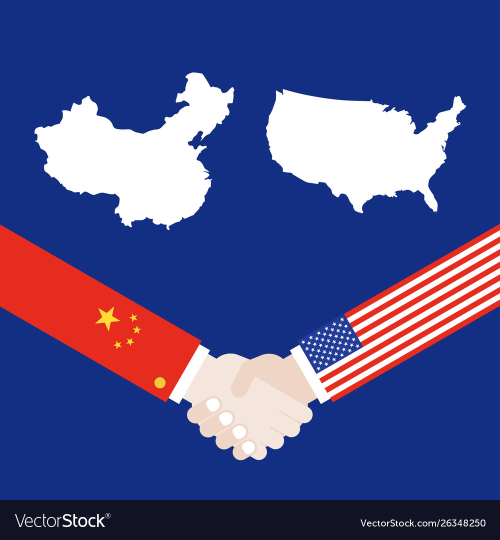 United states map and china with shaking hands