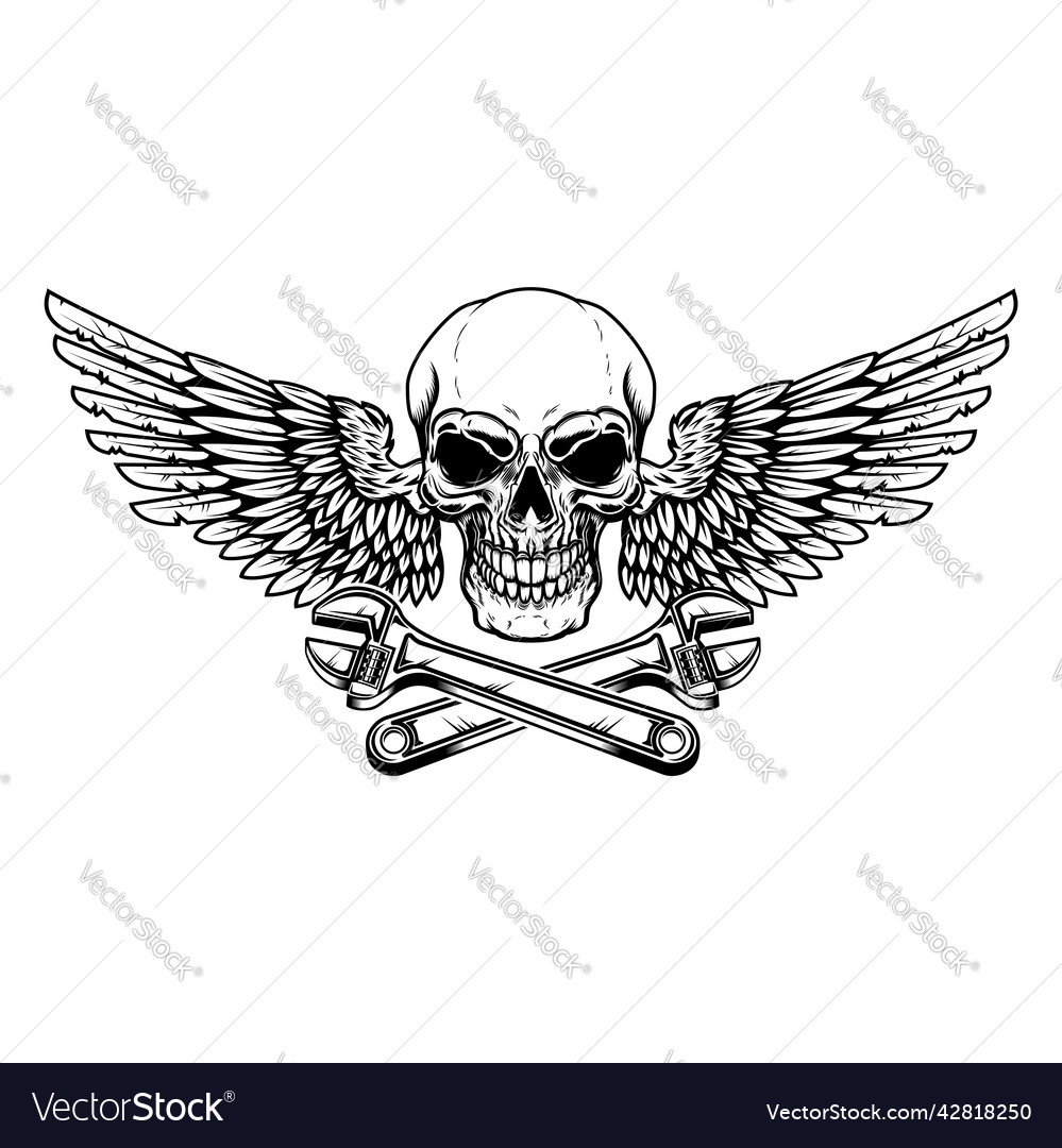 Winged Skull With Crossed Wrenches Design Element Vector Image