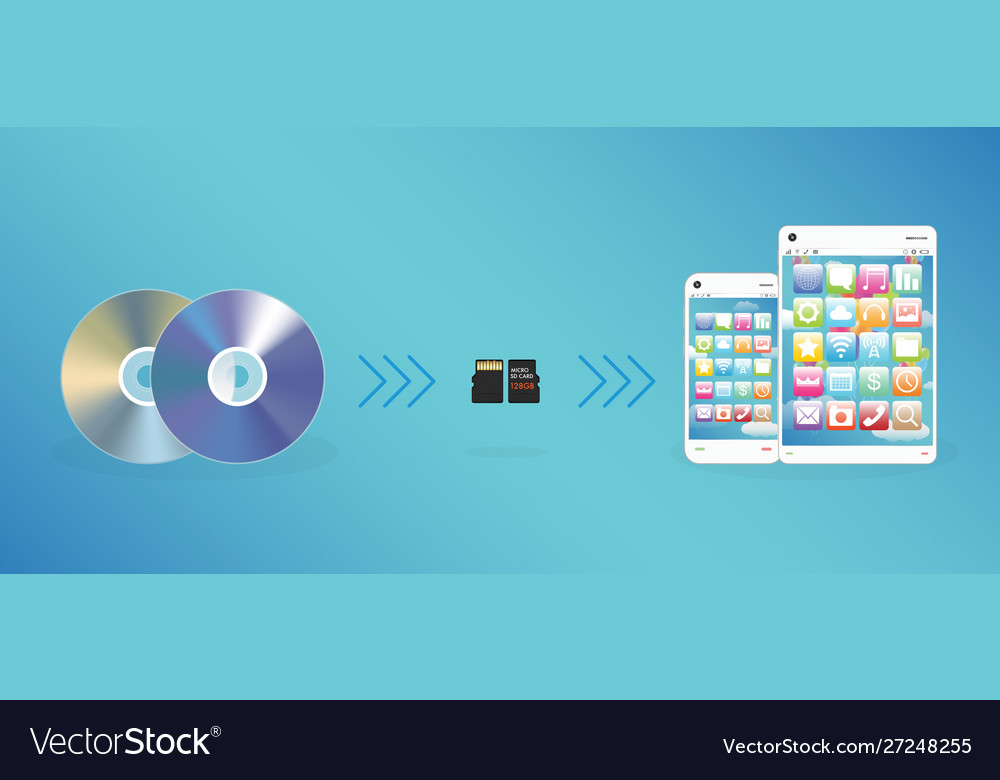 Cd dvd disk send data to micro sd memory card vector image Cd dvd disk send data to micro sd memory card