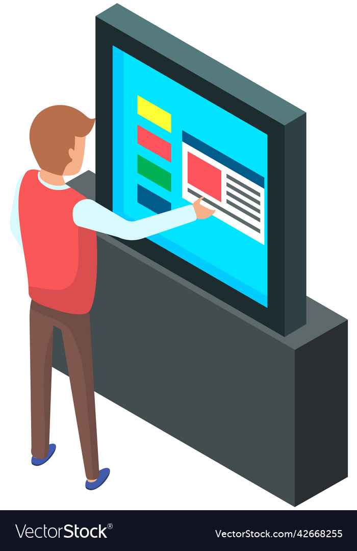 Man touching high-tech screen in isometric vector image Man touching high-tech screen in isometric