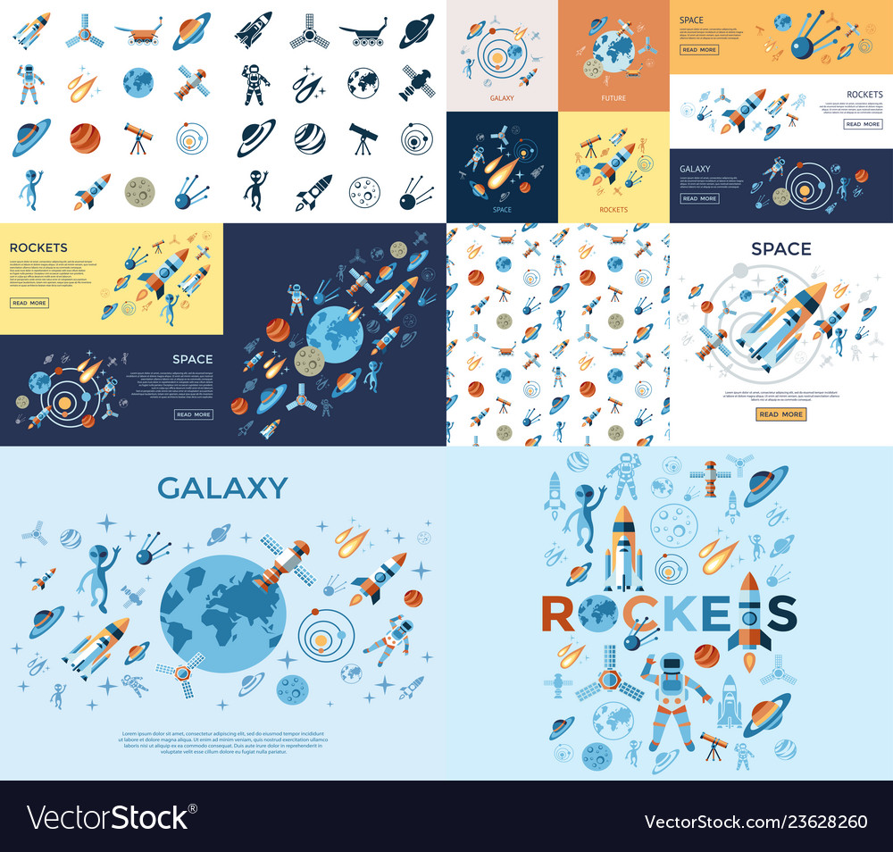Digital line icons set space and rockets vector image Digital line icons set space and rockets