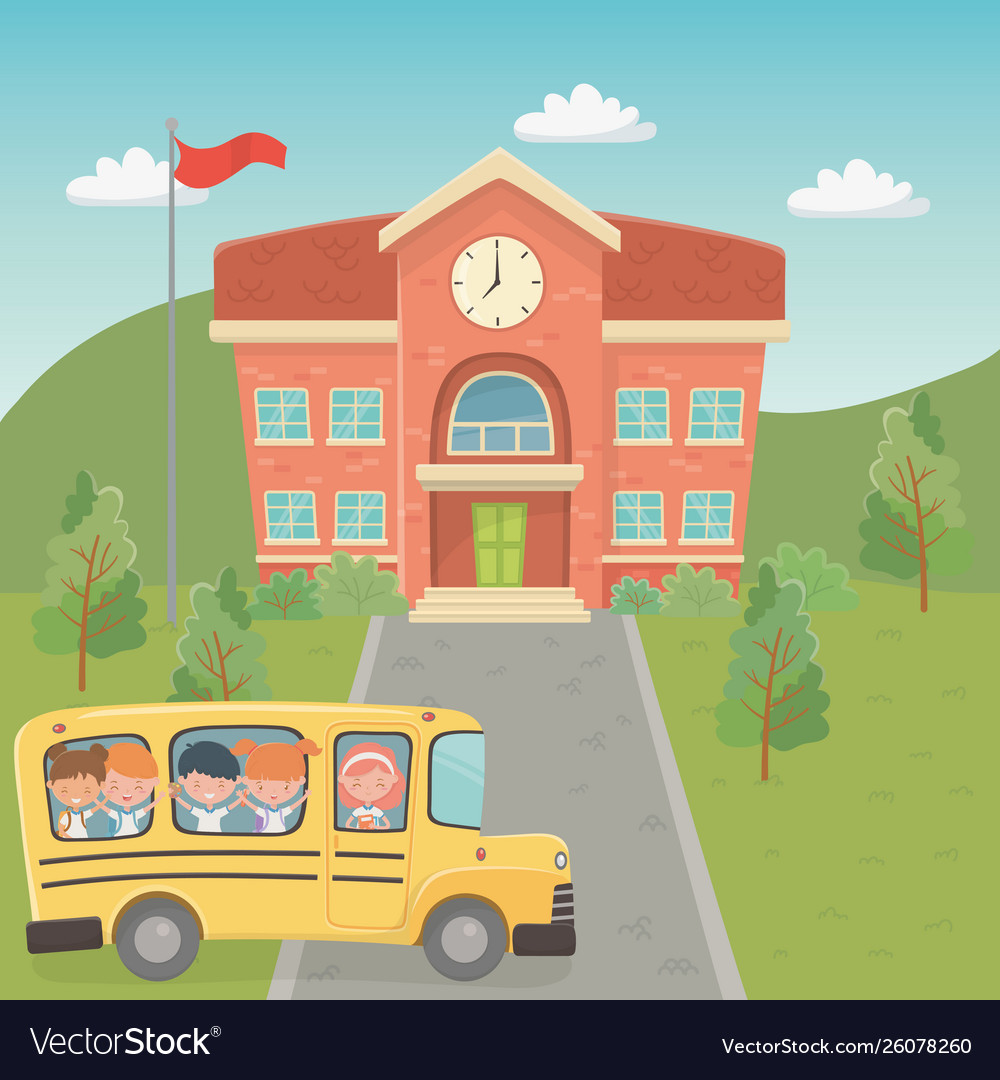 School building and bus with kids in landscape Vector Image