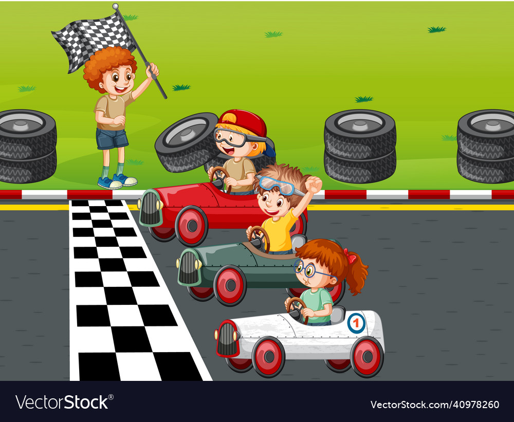 Soapbox derby scene with children racing car Vector Image