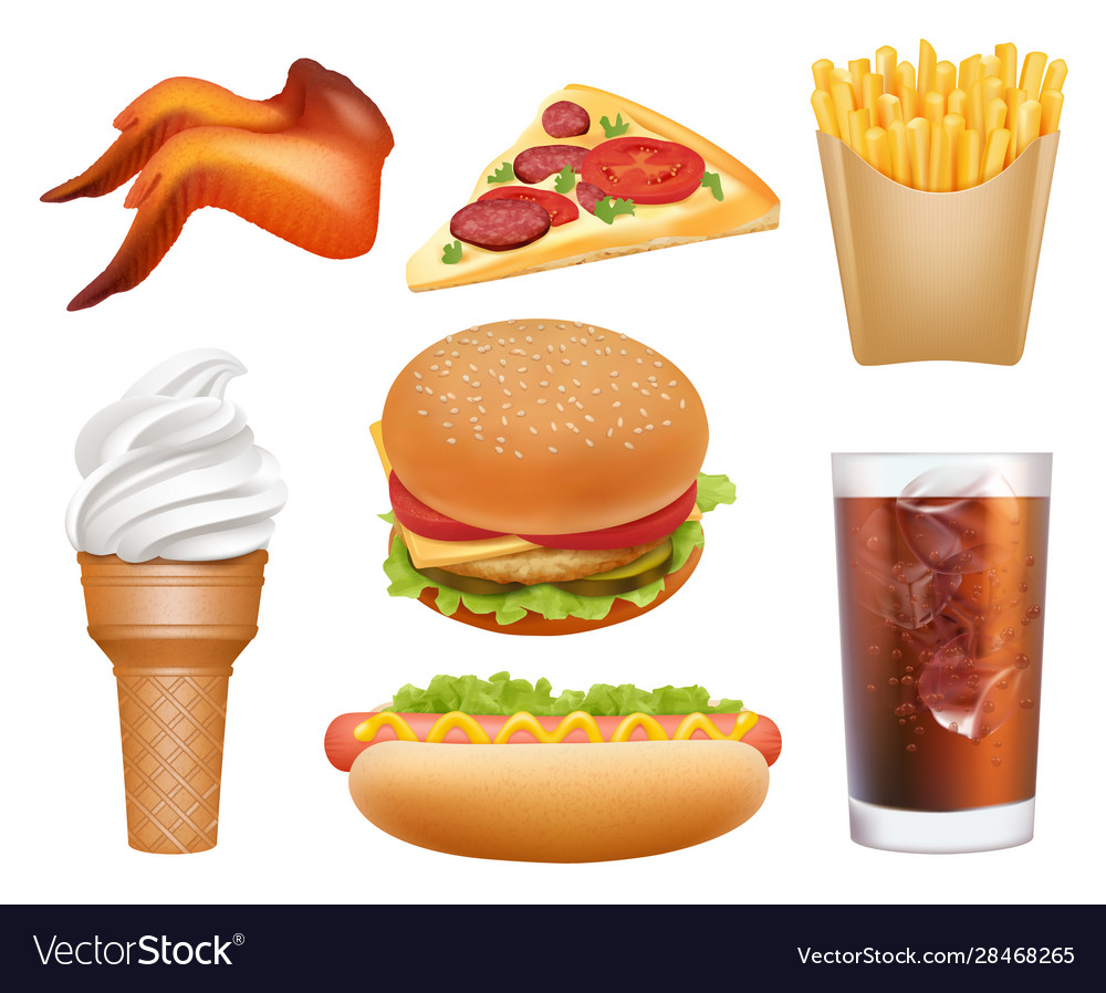 Fast food realistic lunch pizza chicken hamburger Vector Image